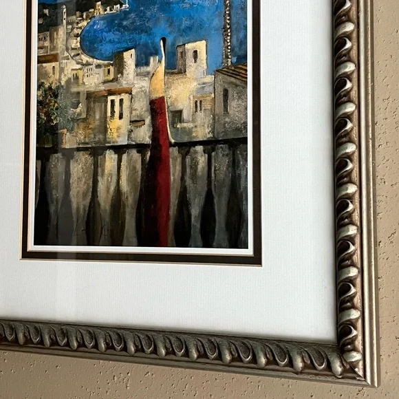 Pewter framed Art palm tree 🌴small village on the ocean size 14 x 17.5 - Picture 2 of 4